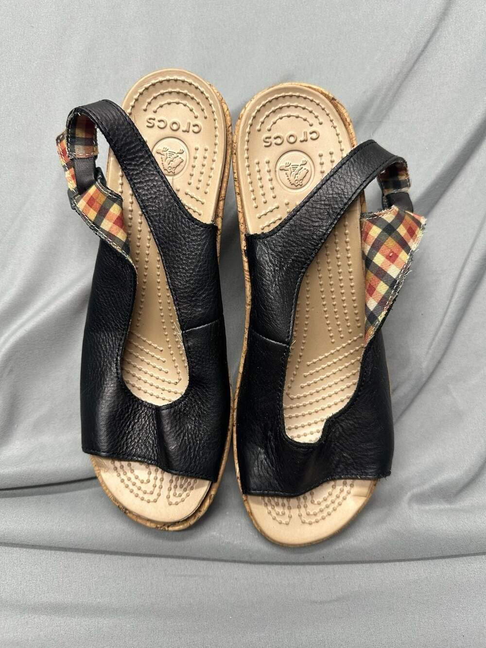 Crocs A-Leigh Black Leather Slingback Cork Wedge Sandals